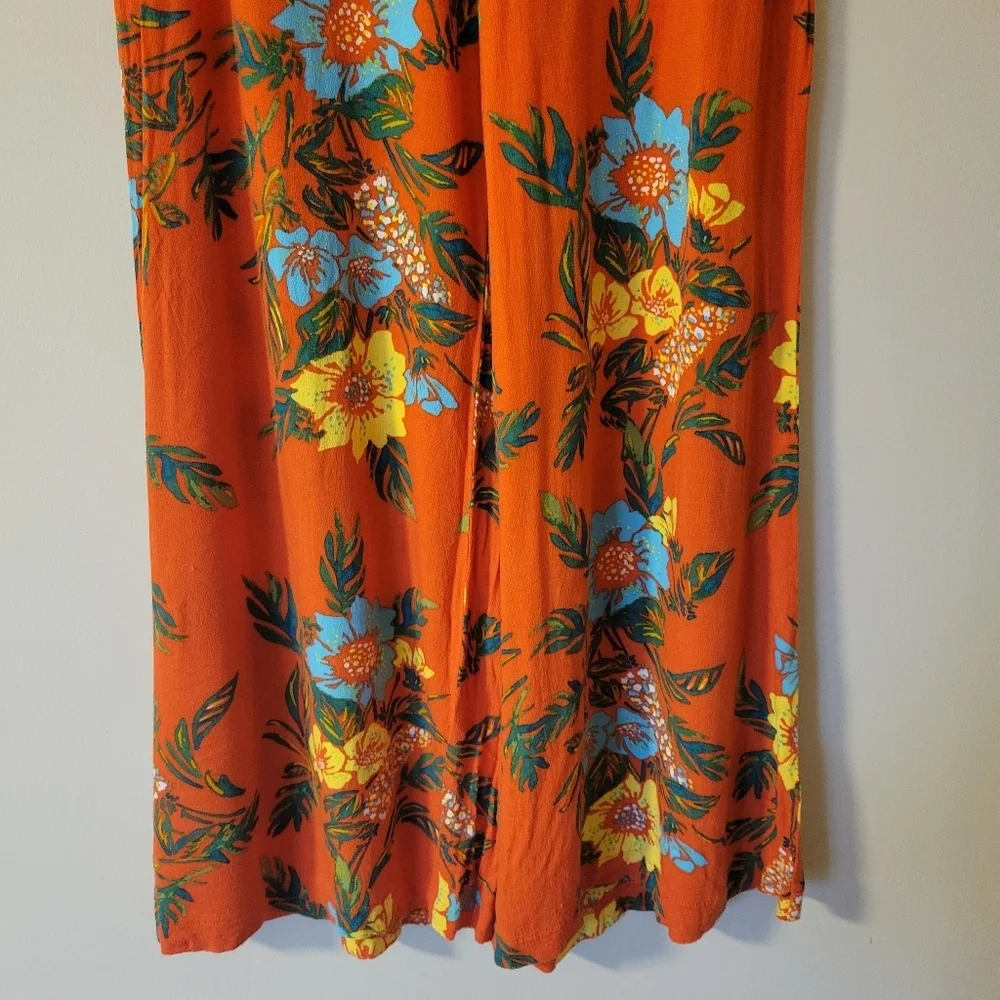Free People Blue Horizon Wide Leg Flowy Tropical Boho Orange Floral Pants Size 4 - Picture 5 of 9
